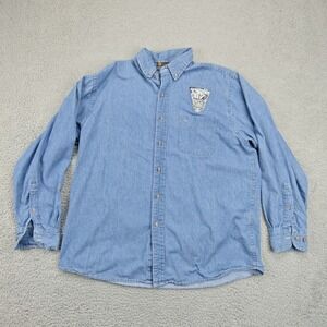 Vintage Harriton Shirt Mens XL Blue Denim Long Sleeve Button Front 87 Patch